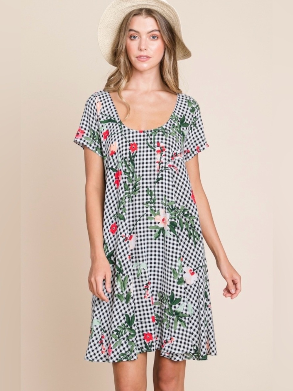 Emerald USA Checkered Black Floral Babydoll Short Dress Flowy Fit & Flare Large